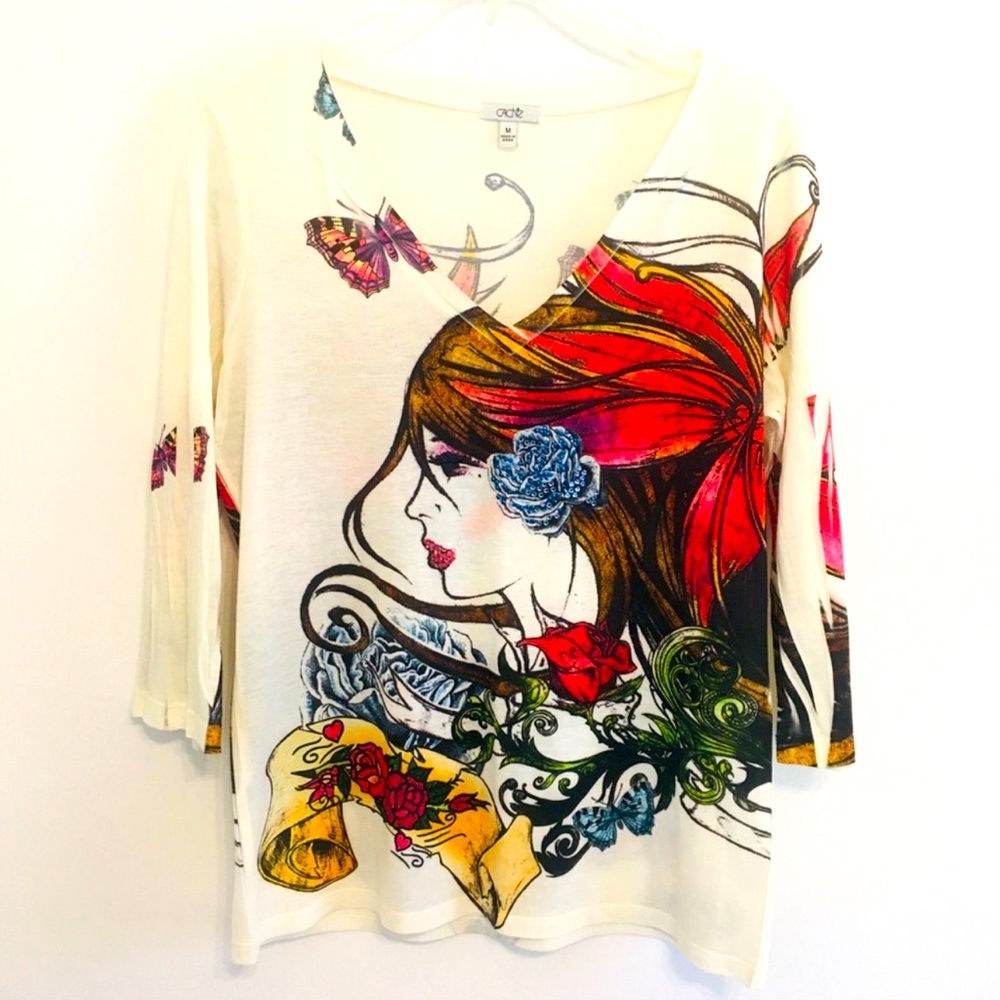 Cache Beautiful  Butterfly Woman Graphic Burnout Tattoo Top Shirt